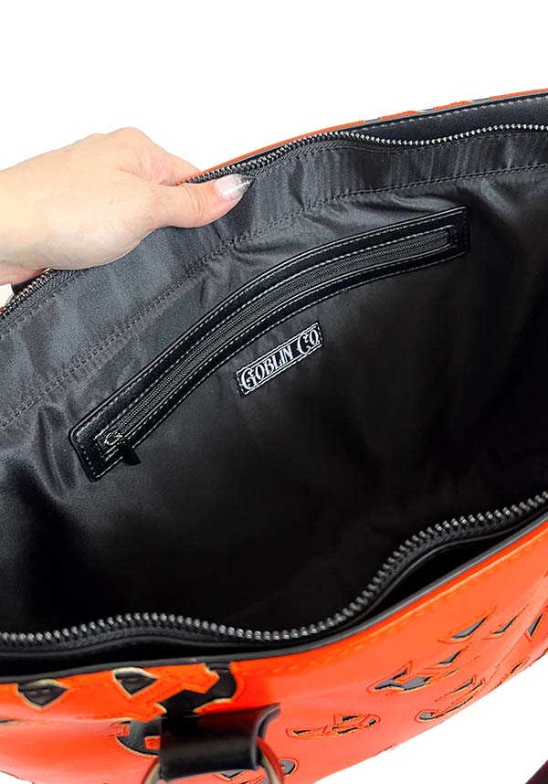 Jack-o'-Lantern Themed Matte Orange Faux Leather Tote Bag by Goblin Co.