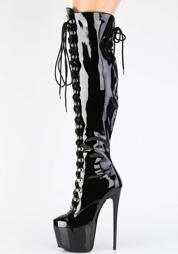 JUBILANT-3012 Black Patent Platform Over-The-Knee Pre-Order Lace-Up Boots