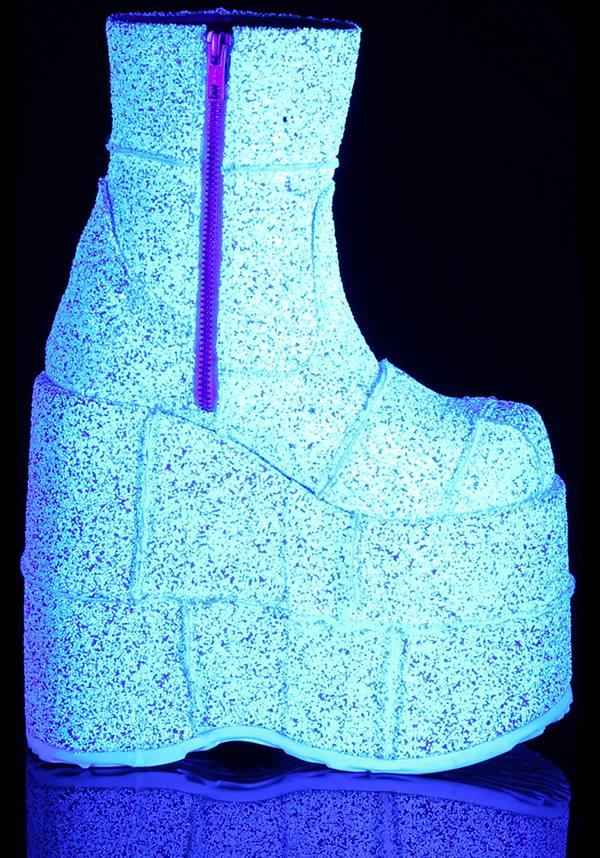 PREORDER - Demonia STACK - 201G Platform Ankle Boots in White with Multi - Glitter Design