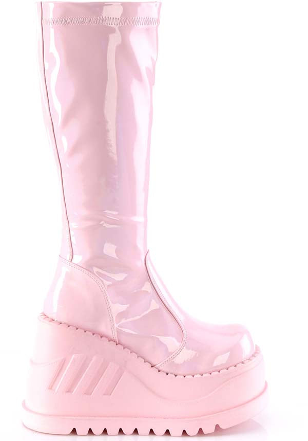Preorder Baby Pink Holographic Stretch Patent Knee High Platform Boots - STOMP - 200