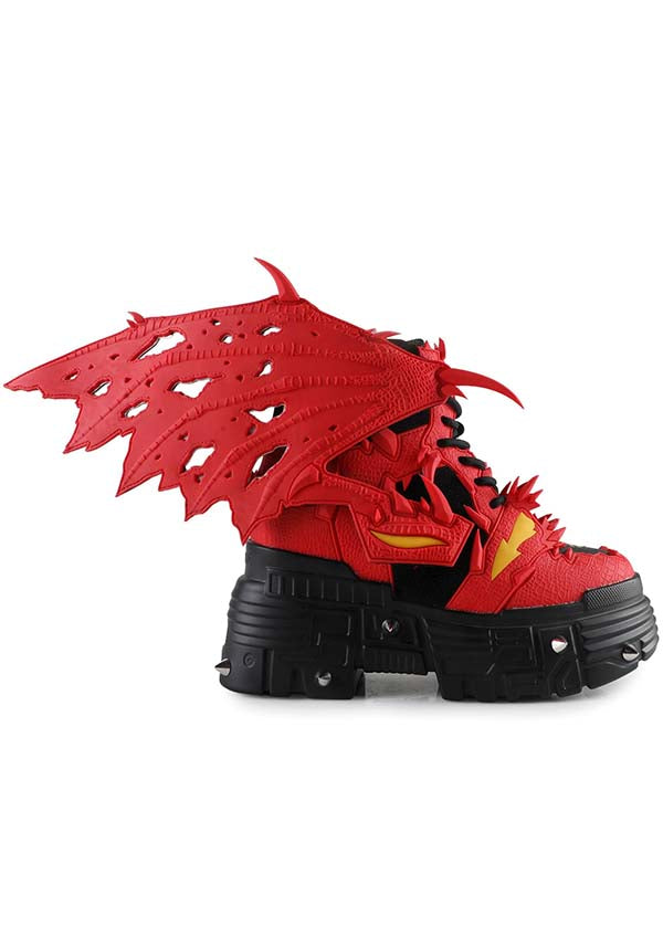 Red Platform Sneakers with Detachable Dragon Wings and Unique Scale Design