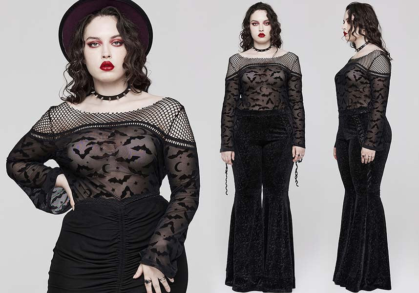 Gothic Bat Pattern Elasticated Mesh T-Shirt for Plus Sizes