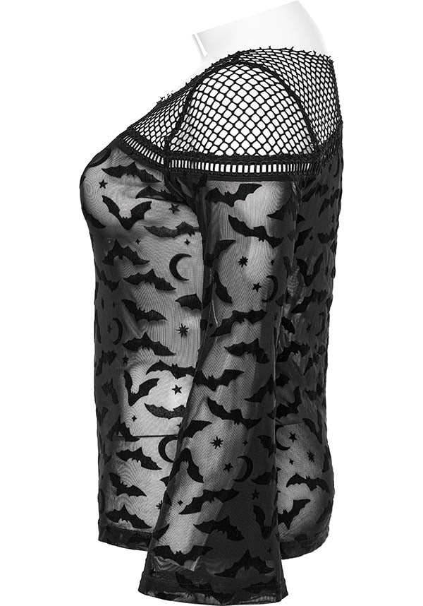 Gothic Bat Pattern Elasticated Mesh T-Shirt for Plus Sizes