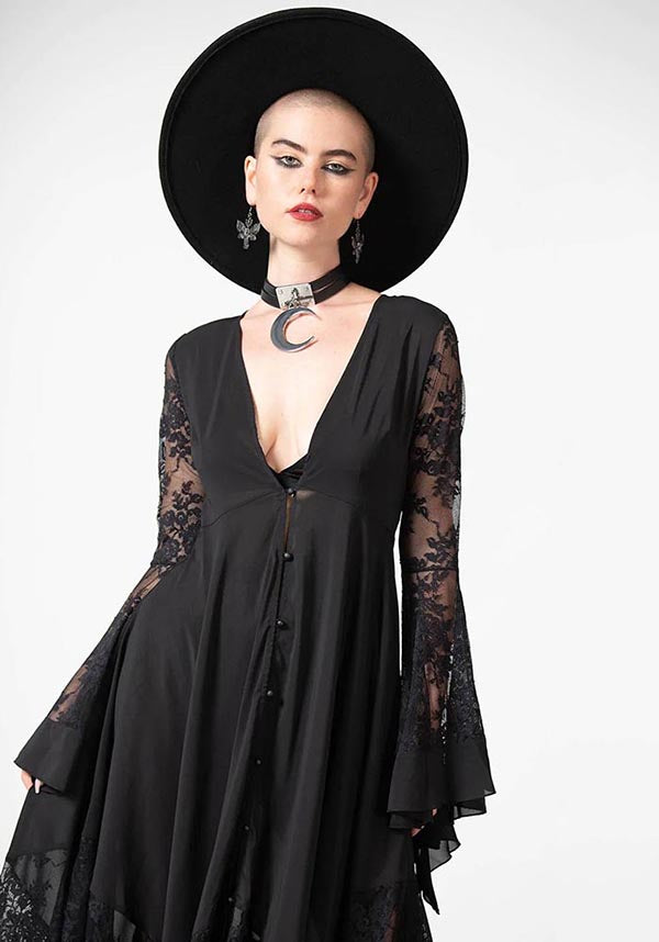 Elegant Misty Night Maxi Dress with Lace Detailing