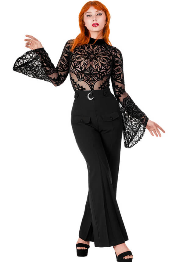 Restyle's Gothic Loretta Crescent Sky High Flared Pants for Corporate Goth Babes
