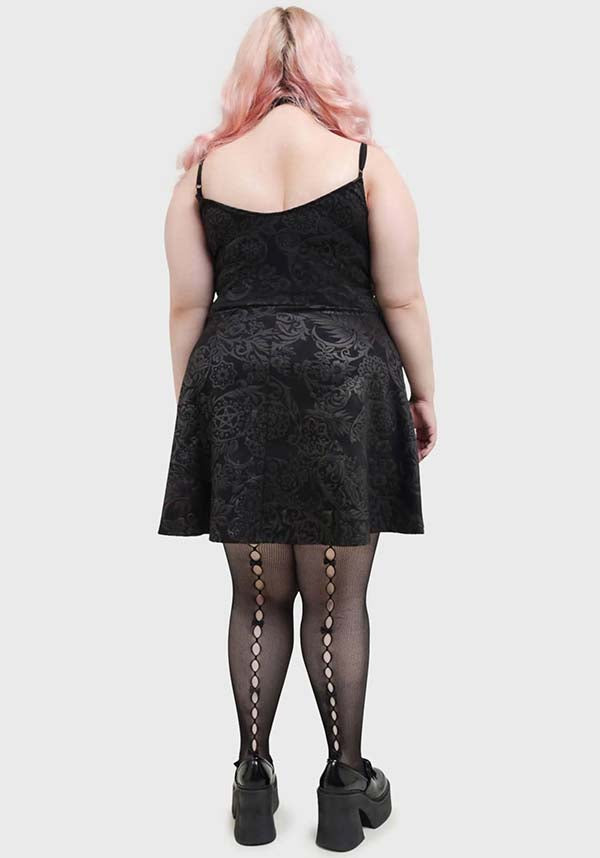 Magical Black Lily Printed Skater Style Mini Dress for Fashion Enthusiasts