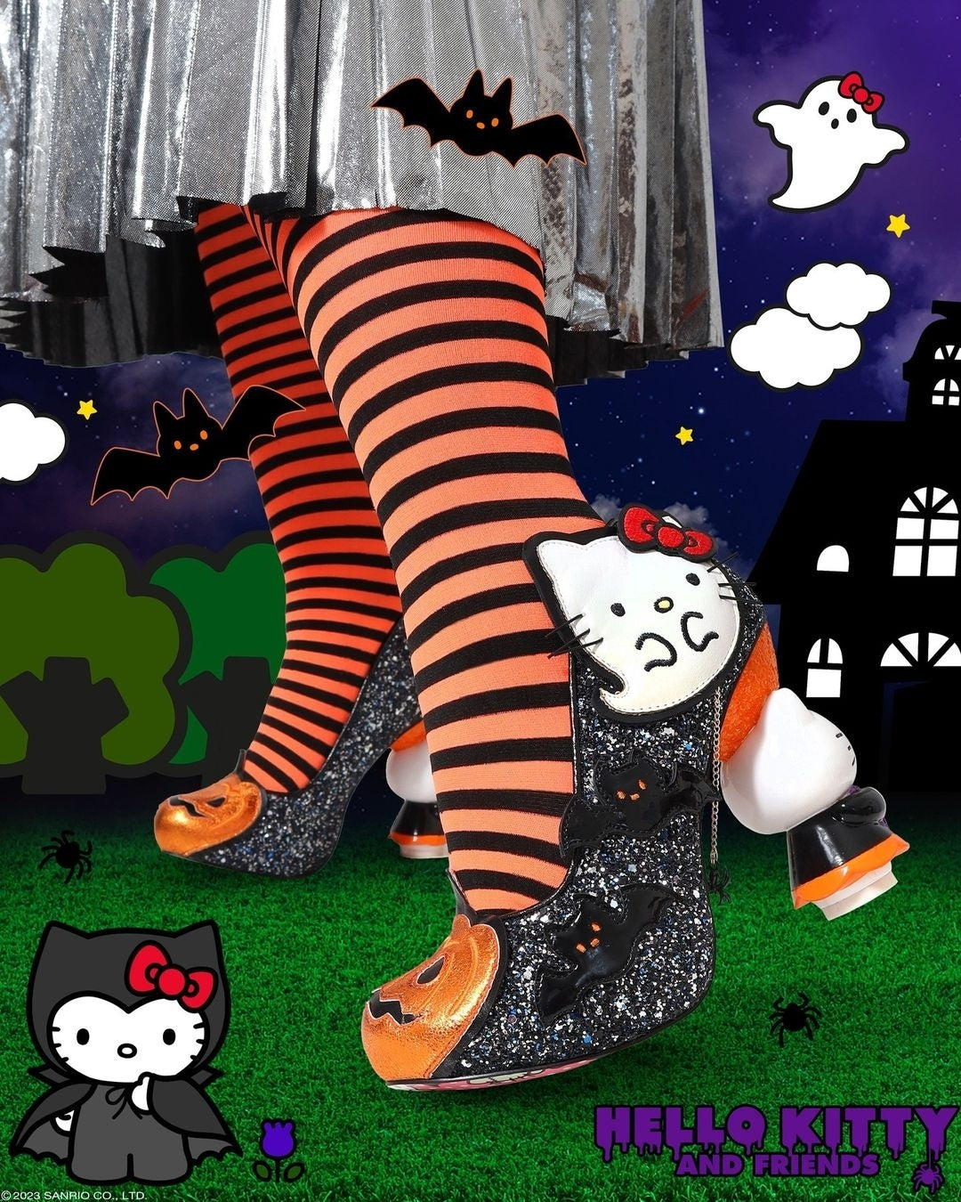 Spooky Black Pretty Pumpkin Hello Kitty Heels with Glitter