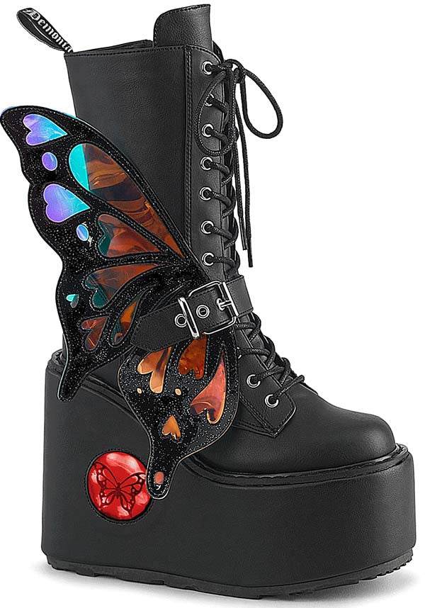 PRE-ORDER: Demonia Black BLAZE-158 Platform Boots - USB Chargeable LED Light-Up Mid-Calf Boots