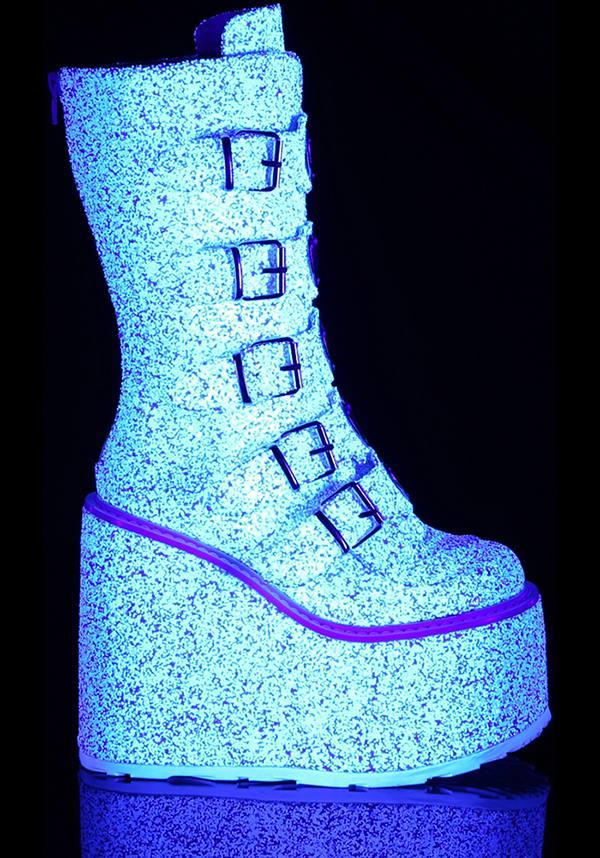 PREORDER DEMONIA SWING-230G White Multi Glitter Platform Mid-Calf Boots for Alternative Fashion