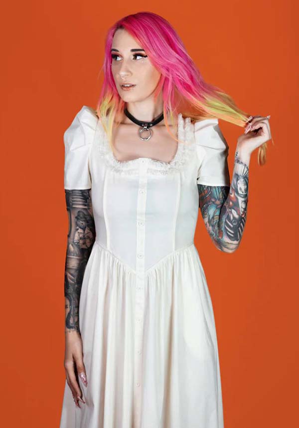 Elegant Ivory Gothic Dress by Lively Ghosts with Lace Details