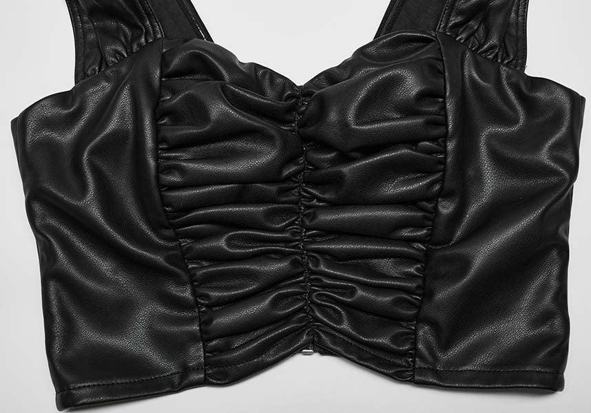 Chic Pleated Faux Leather Square Neck Top for Fashion Lovers