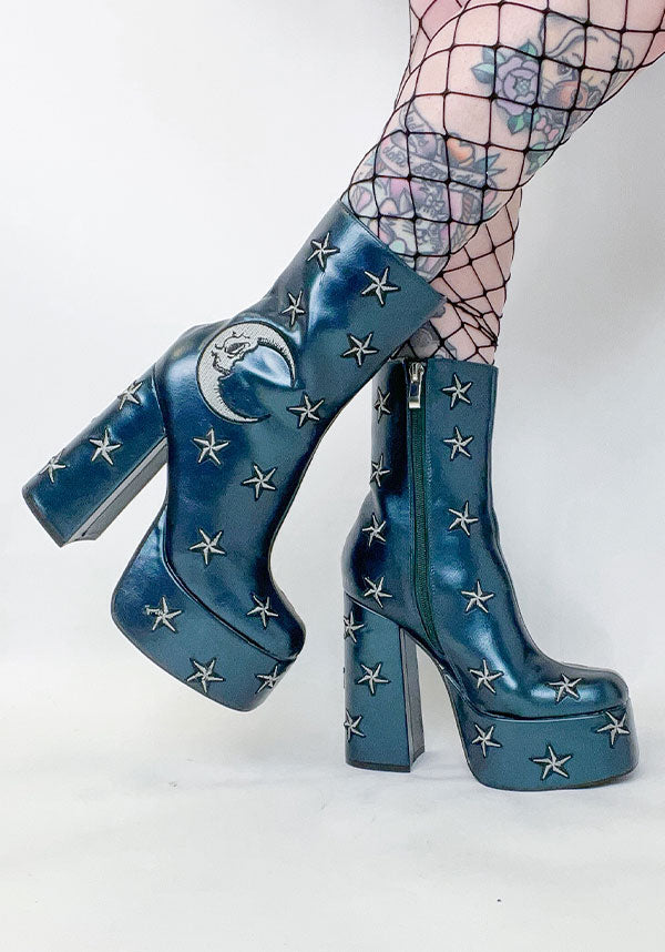 Enchanted Mooncraft Teal-Colored Heeled Chunky Ankle Boots for Women