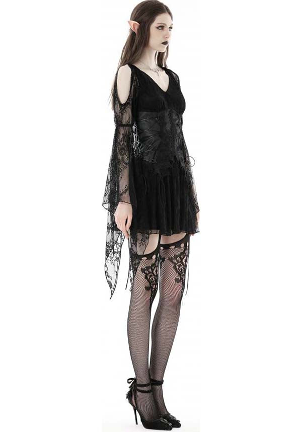 Exquisite Azrael Sheer Lace Dress with Bell Sleeves and Cold Shoulder Design