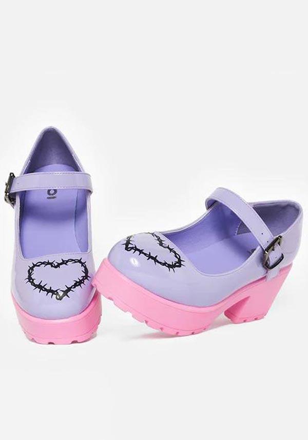 Yami Purple Heeled Vegan Mary Jane Shoes with Black Barbed Wire Heart Toe Decoration