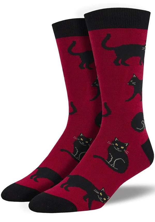 Stylish Red-Embellished Bamboo Black Cat Men's Socks