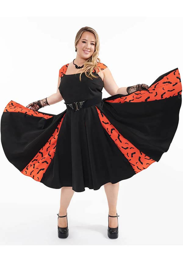 Orange and Black Bat Stripe Lightweight Swing Dress for a Spooky Look