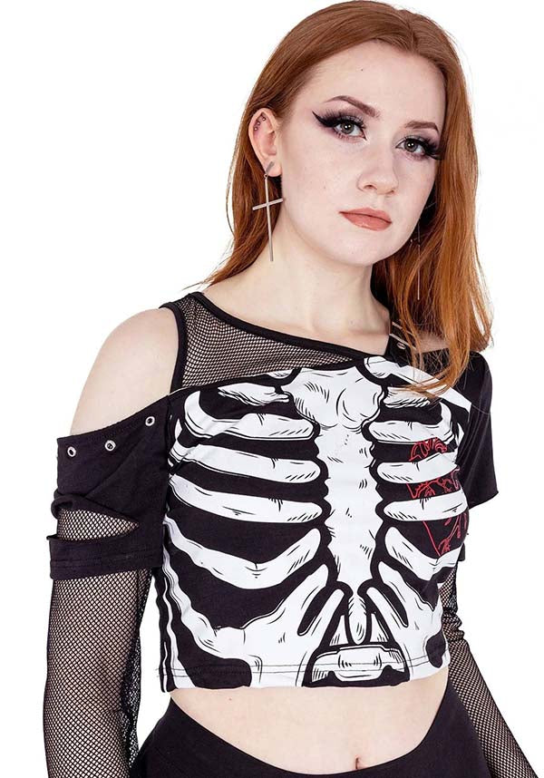 Poizen Industries Bare Bones Fashionable Crop Top with Attached Fishnet Sleeves