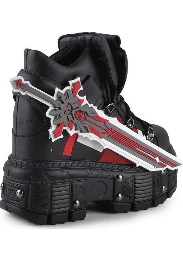 Genshin Impact Inspired Black Combat Platform Boots - Mangosteen-08 with Statement Sword Accessory