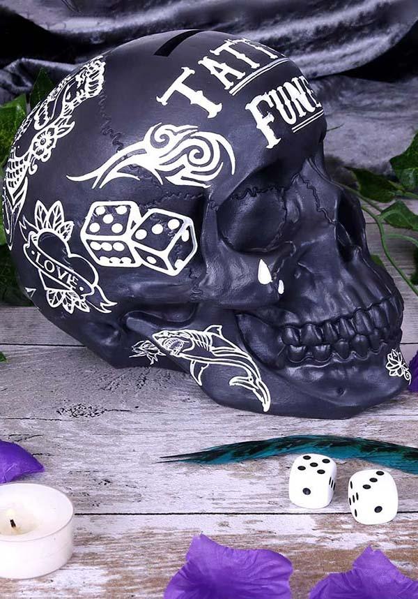 Black and White Gothic Tattoo-Style Skull Shaped Money Box for Saving Fund
