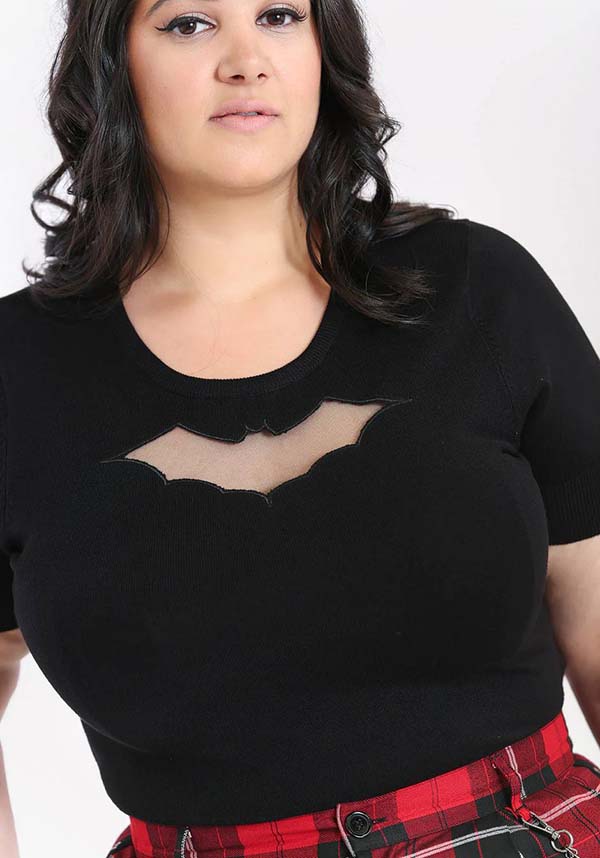 Vintage Black Knit Top with Spooky Mesh Cut-Out Bat Design