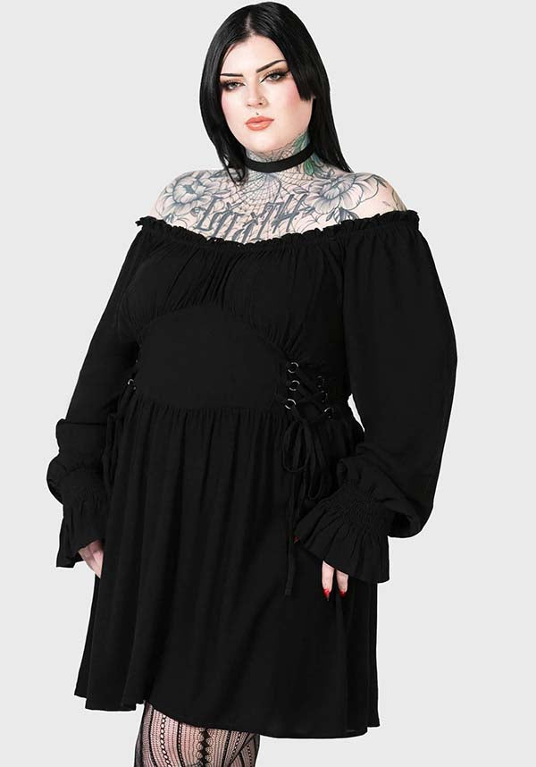 KILLSTAR Jocasta Mini Dress - Soft Stretch Bardot Neckline with Lace Up