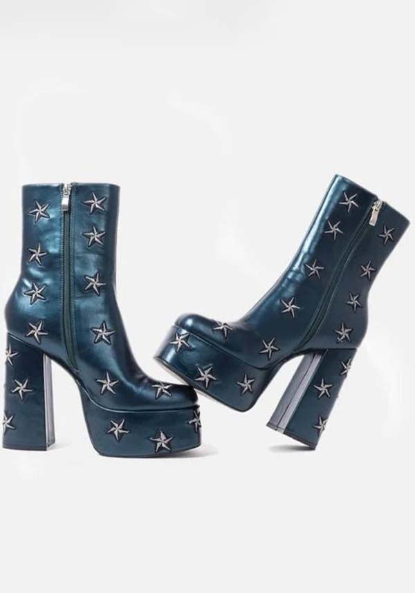 Enchanted Mooncraft Teal-Colored Heeled Chunky Ankle Boots for Women