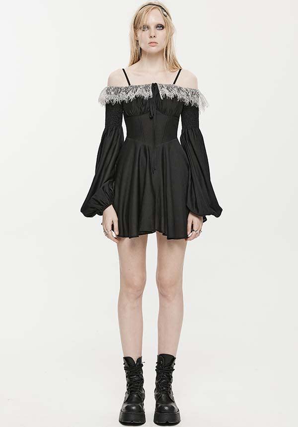 Sweet Girl Gothic-Inspired Off-Shoulder Chiffon Autumn Dress with Lace Accents