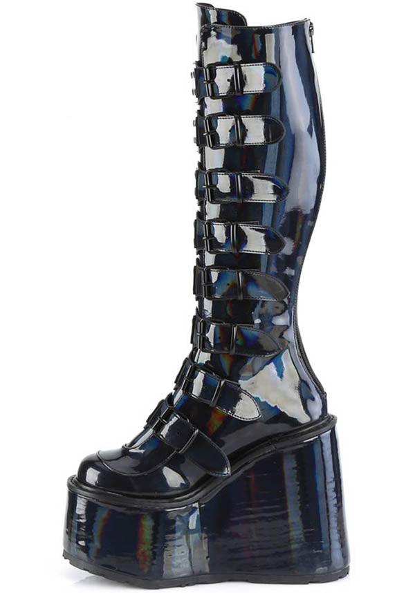 PREORDER: Black Holographic Patent SWING-815 Platform Knee-High Boots