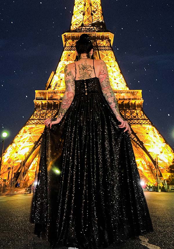 Glamorous Parisian-Inspired Sparkling Black Evening Gown