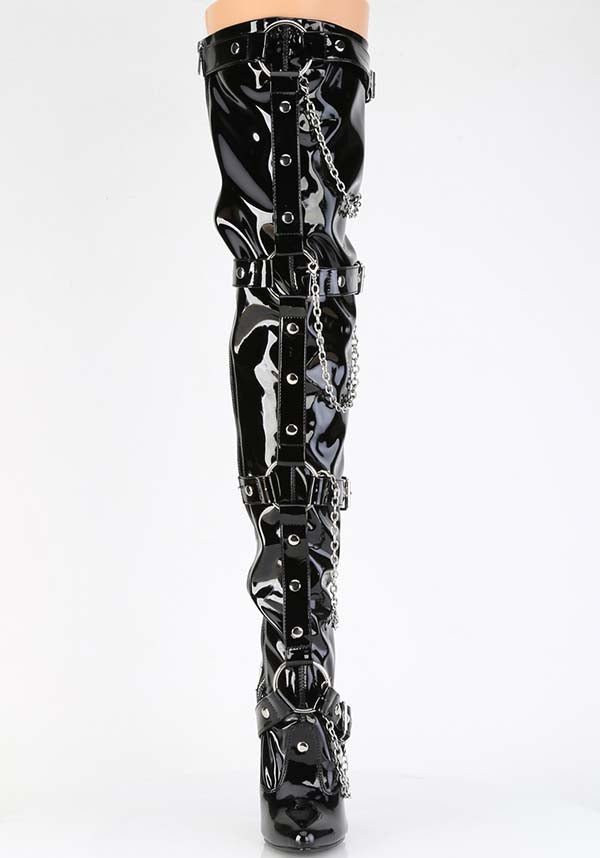 DOMINA-3027 Black Patent Leather Stretch Thigh High Boots - Preorder Available
