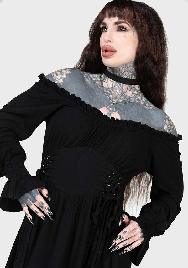 KILLSTAR Jocasta Mini Dress - Soft Stretch Bardot Neckline with Lace Up