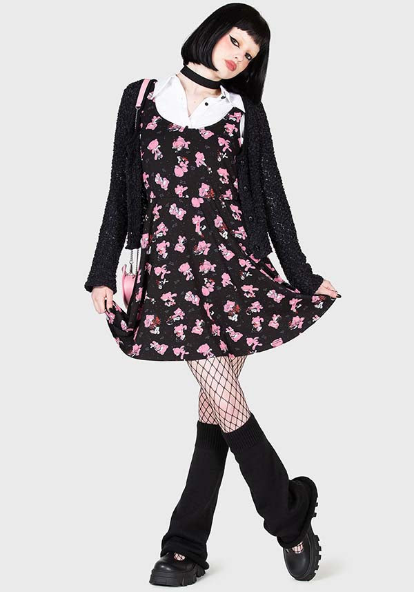 Soft Stretch Gloomy Bear Print Skater Style Mini Dress