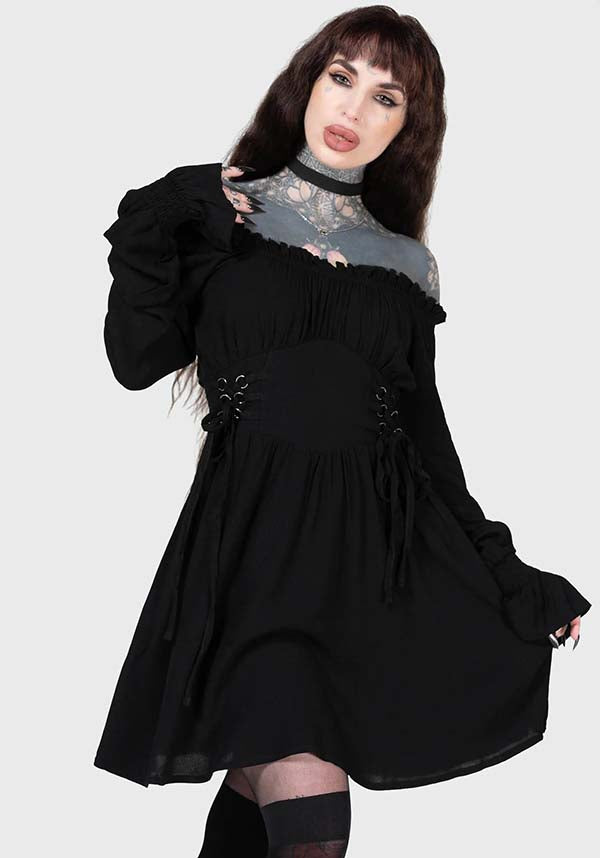 KILLSTAR Jocasta Mini Dress - Soft Stretch Bardot Neckline with Lace Up