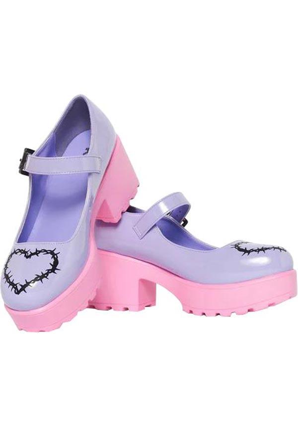Yami Purple Heeled Vegan Mary Jane Shoes with Black Barbed Wire Heart Toe Decoration