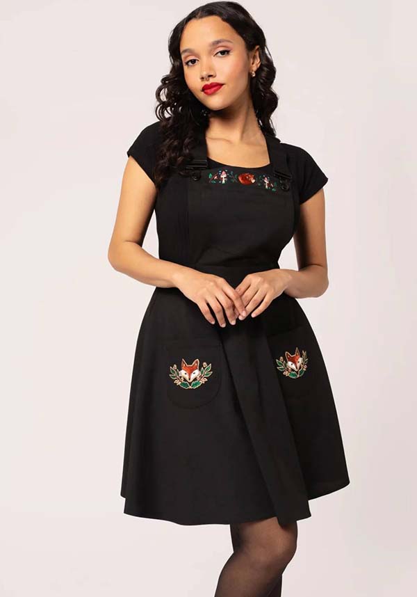 Hell Bunny Basil Black Mini Pinafore Dress with Whimsical Woodland and Fox Embroidery