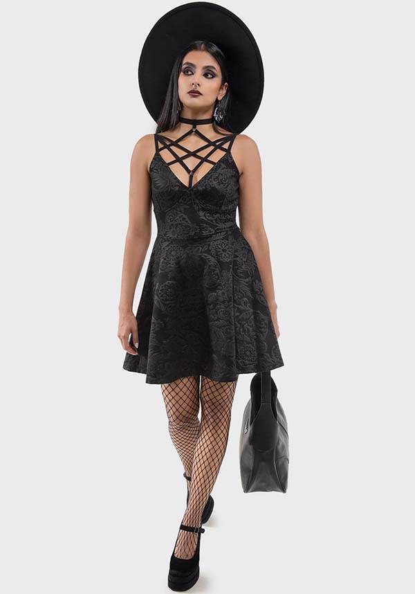 Magical Black Lily Printed Skater Style Mini Dress for Fashion Enthusiasts