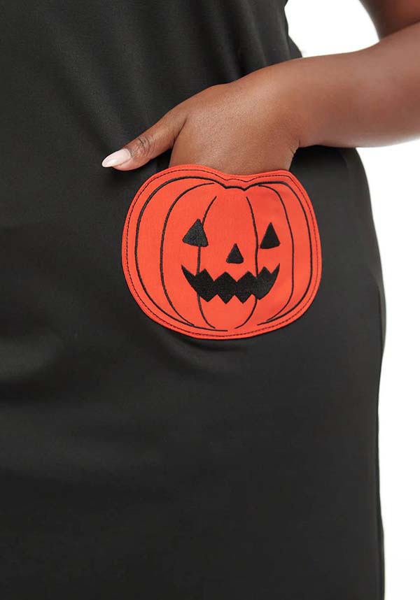 Stylish 1960s Stretch Knit Pumpkin Pocket Shift Dress in Black & Orange