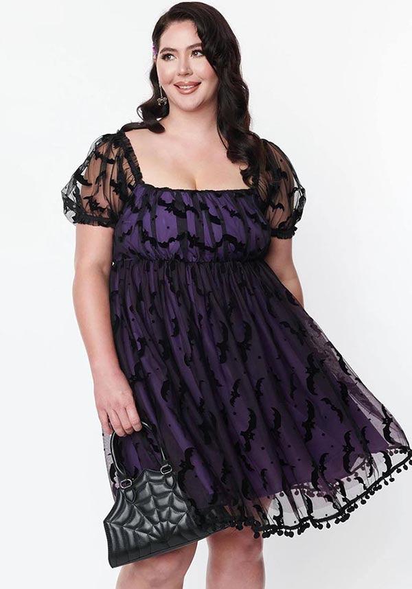 Unique Vintage Purple Bat Mesh Patterned Chiffon Babydoll Dress for Women