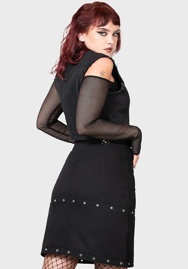 Punktured Denim Knee-Length Studded Fitted Skirt