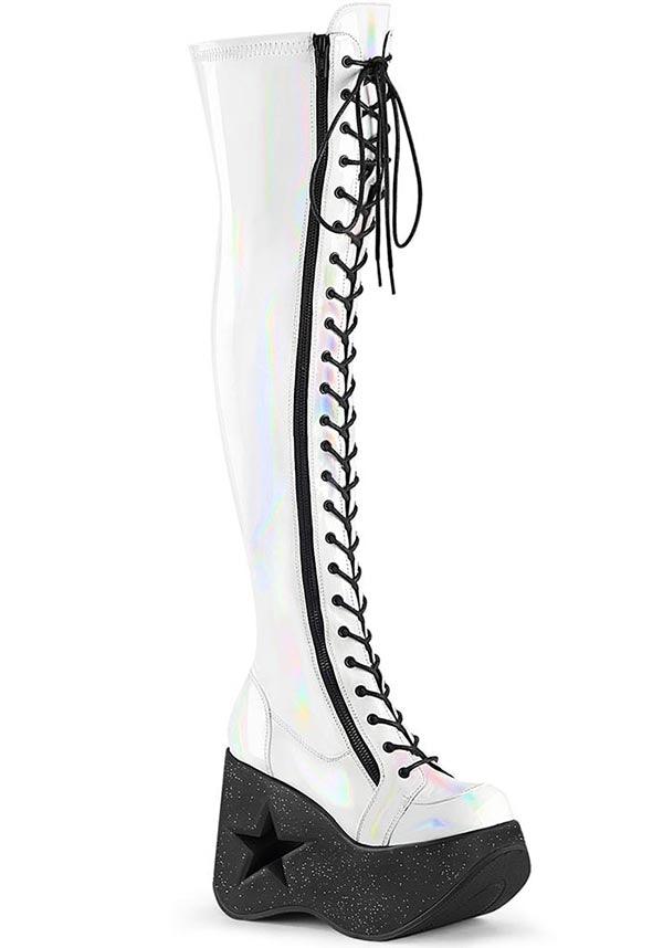 PREORDER: White Stretch Holo DYNAMITE-300 Platform Boots
