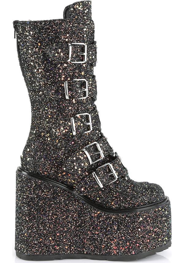 PREORDER: Demonia SWING-230G Platform Mid-Calf Boots in Black Multi Glitter Style