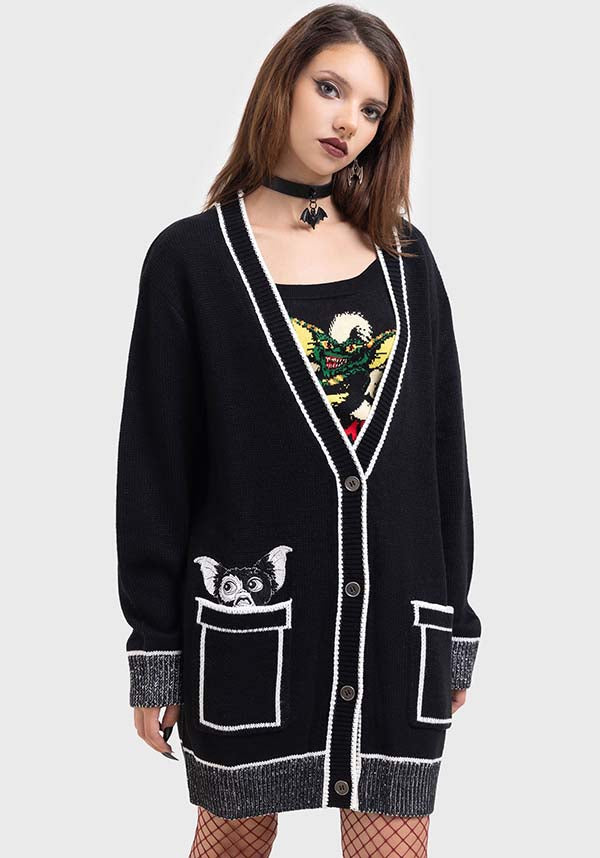 Oversized Gremlins Licensed Stretch Knit Pocket Gizmo Cardigan