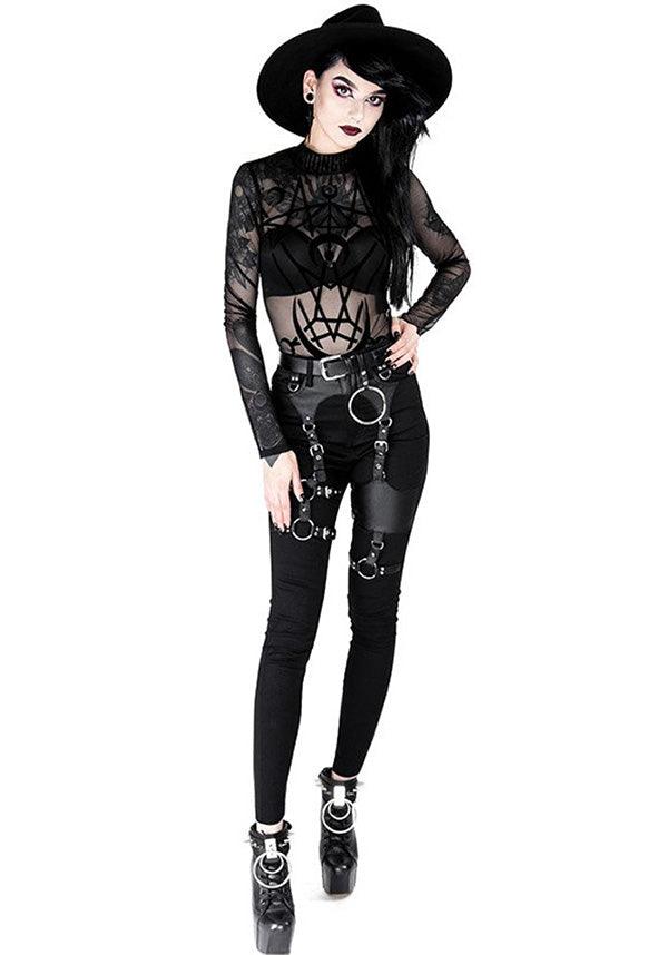 Black Gothic-Style Leather-Look Harness-Adorned High-Waisted Slim Fit Jeans