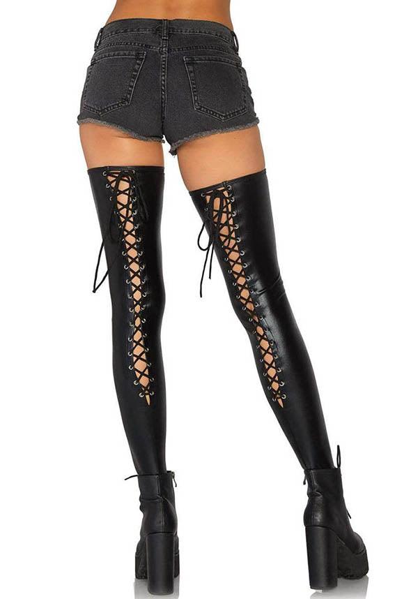 Maisie Wet Look Adjustable Lace - Up Thigh - High Stockings