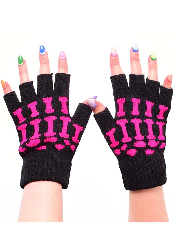 POIZEN INDUSTRIES Black and Pink Creepy Fingerless Gloves