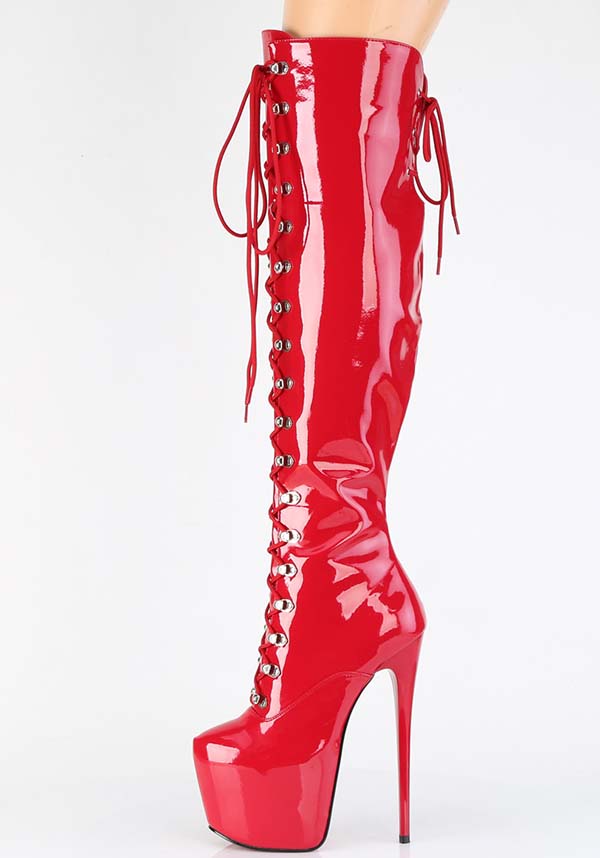 JUBILANT-3012 Red Patent Platform Over-The-Knee Lace-Up Boots [PREORDER]