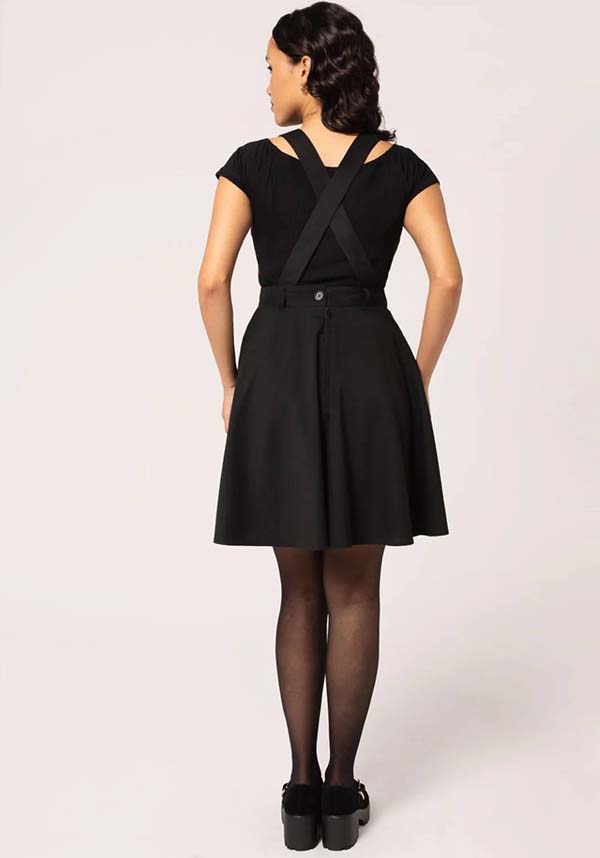 Hell Bunny Basil Black Mini Pinafore Dress with Whimsical Woodland and Fox Embroidery