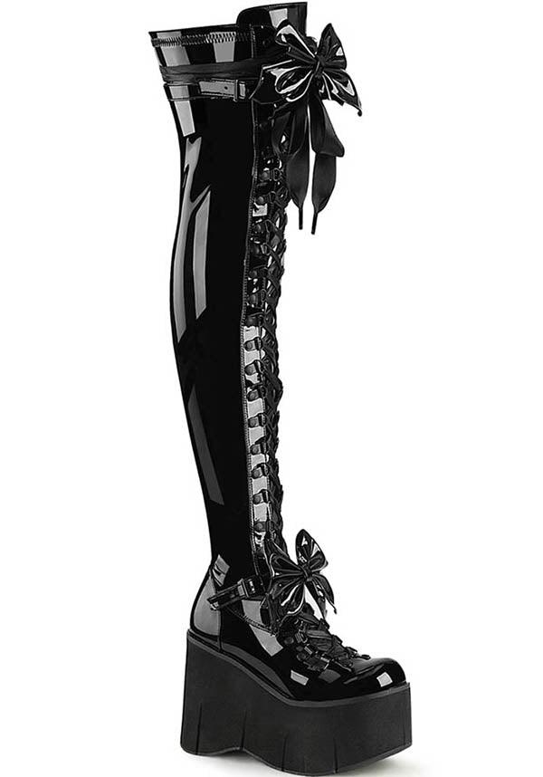 D-Ring Lace-Up Black Patent Platform Thigh High Boots [PREORDER]
