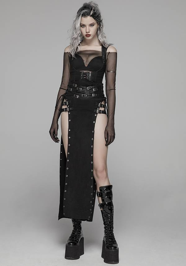 Punk Style High Waist Split Skirt with Leather Loop and Metal Buckle