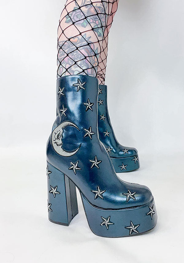 Enchanted Mooncraft Teal-Colored Heeled Chunky Ankle Boots for Women